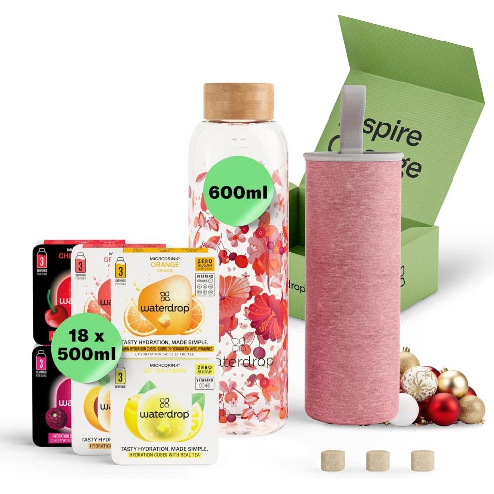 imagewaterdrop Coffret Dgustation Verre  Bouteille en Verre 600ml  18 Cubes  Boire en 6 Saveurs Boisson en Cube avec Vitamine C ampamp Vitamine B Sans Sucre Gourde dEau Coffret Cadeau Femme ampamp HommeRelax Melange