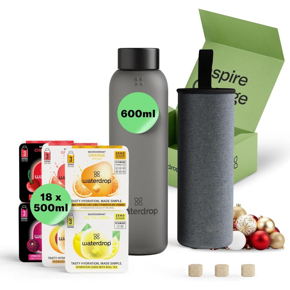 imagewaterdrop Coffret Dgustation Verre  Bouteille en Verre 600ml  18 Cubes  Boire en 6 Saveurs Boisson en Cube avec Vitamine C ampamp Vitamine B Sans Sucre Gourde dEau Coffret Cadeau Femme ampamp HommeNoir Givr