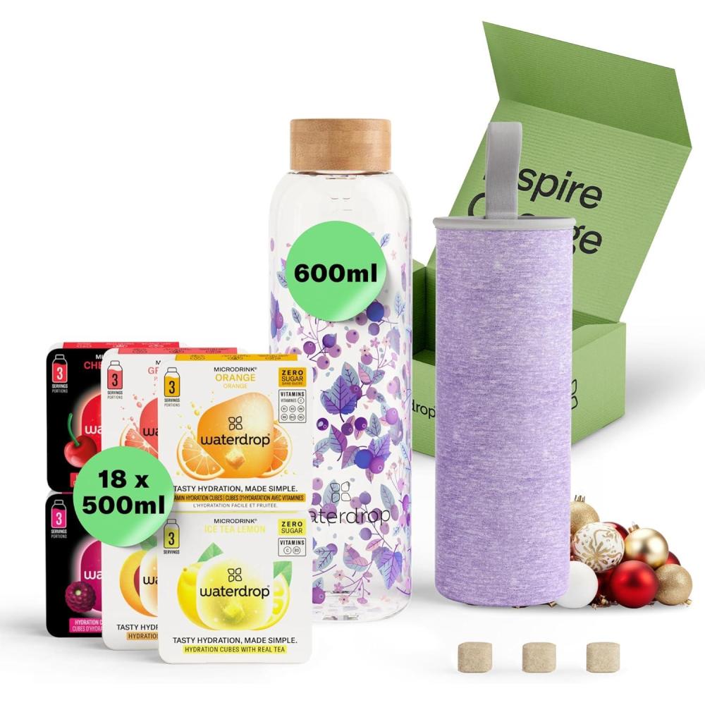 imagewaterdrop Coffret Dgustation Verre Bouteille en Verre 600ml 18 Cubes Boire en 6 Saveurs Boisson en Cube avec Vitamine C ampamp Vitamine B Sans Sucre Gourde dEau Coffret Cadeau Femme ampamp HommeBoost Melange
