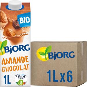 BJORG – Lait d&rsquo;Amande Sans Sucre – Lait Végétal Bio – Pauvre en Acides Gras Saturés – 1 L x 6(Chocolat)