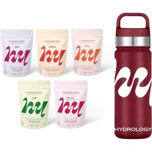 HYDROLOGY – Eau Aromatisée – Pastilles sans sucre – Boisson vitaminée soutien immunitaire – Hydratation quotidienne – 15 pastilles effervescentes – Végan & naturel – Citron Vert Gingembre – Immunité(5 saveurs + Gourde Bordeaux)