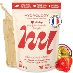 HYDROLOGY – Eau Aromatisée – Pastilles sans sucre – Boisson vitaminée soutien immunitaire – Hydratation quotidienne – 15 pastilles effervescentes – Végan & naturel – Citron Vert Gingembre – Immunité(Fruit de la passion Fraise)