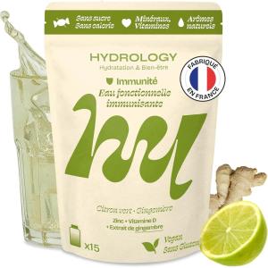 HYDROLOGY – Eau Aromatisée – Pastilles sans sucre – Boisson vitaminée soutien immunitaire – Hydratation quotidienne – 15 pastilles effervescentes – Végan & naturel – Citron Vert Gingembre – Immunité(Citron vert Gingembre)