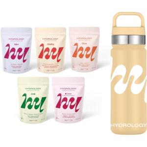 HYDROLOGY – Eau Aromatisée – Pastilles sans sucre – Boisson vitaminée soutien immunitaire – Hydratation quotidienne – 15 pastilles effervescentes – Végan & naturel – Citron Vert Gingembre – Immunité(5 saveurs + Gourde Jaune)