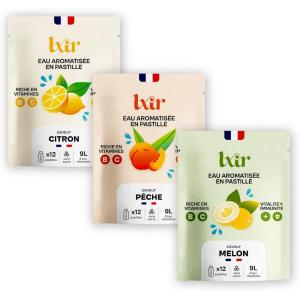 LXIR DRINK – Eau aromatisée en pastille sans sucre – Boisson multivitamines – Riche en vitamines C et B – Hydratation quotidienne – Beauté de la peau – Vitalité – 36 pastilles – Citron/Pêche/Menthe(Citron/Peche/Melon)