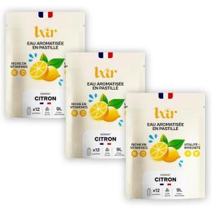 LXIR DRINK – Eau aromatisée en pastille sans sucre – Boisson multivitamines – Riche en vitamines C et B – Hydratation quotidienne – Beauté de la peau – Vitalité – 36 pastilles – Citron/Pêche/Menthe(Citonx3)
