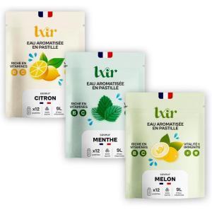 LXIR DRINK – Eau aromatisée en pastille sans sucre – Boisson multivitamines – Riche en vitamines C et B – Hydratation quotidienne – Beauté de la peau – Vitalité – 36 pastilles – Citron/Pêche/Menthe(Citron/Menthe/Melon)