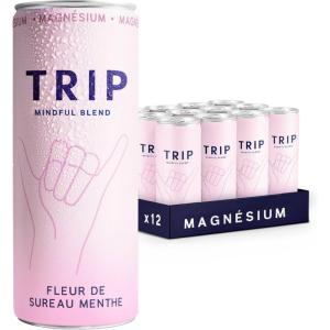 Trip Mindful Blend, boisson légèrement pétillante aux adaptogènes, mocktail avec 120mg de magnésium, crinière de lion et L-théanine, sans sucres ajoutés végétalienne, saveur orange sanguine 12 x 250ml(Fleur de Sureau)