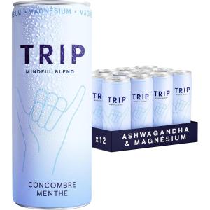 Trip Mindful Blend, boisson légèrement pétillante aux adaptogènes, mocktail avec 120mg de magnésium, crinière de lion et L-théanine, sans sucres ajoutés végétalienne, saveur orange sanguine 12 x 250ml(Menthe-Concombre)