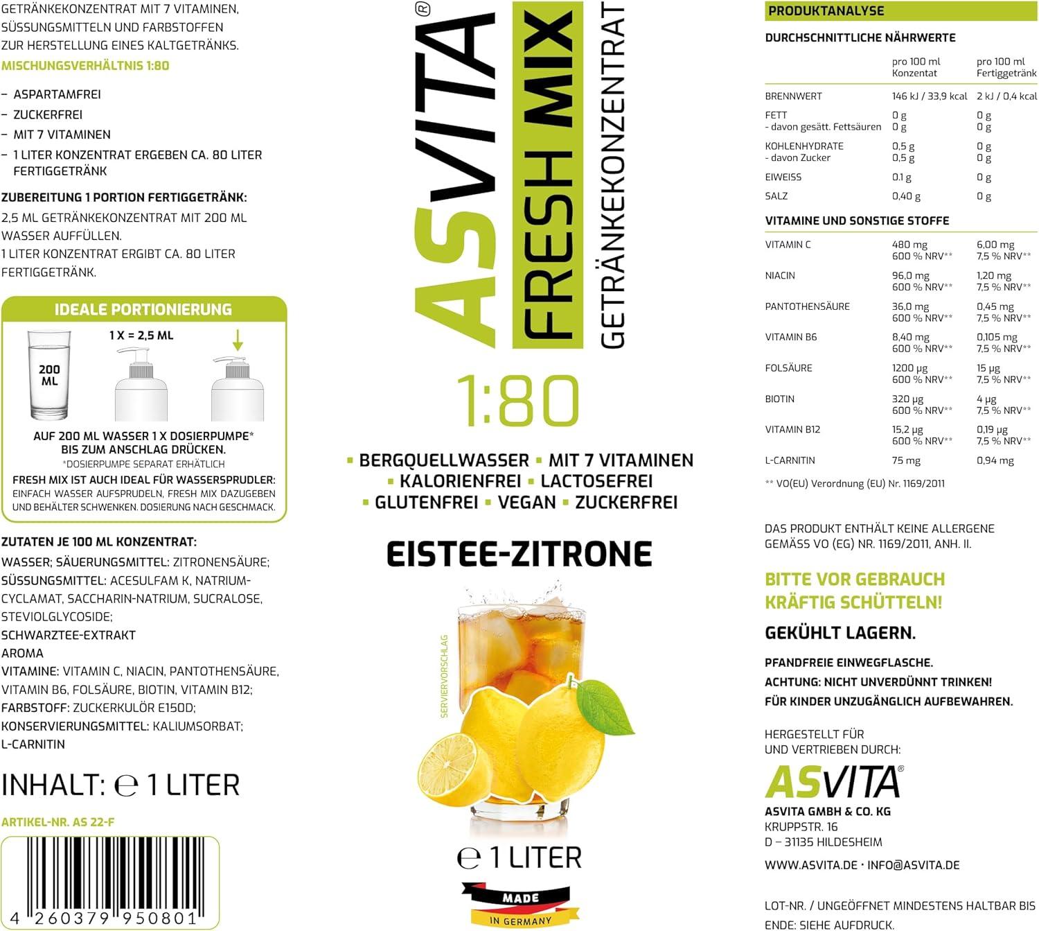 imageAsVita Sirop sans sucre ASVita Fresh Mix 180 Bouteille de 1 litre Sirop de boisson sans sucre 26 dlicieuses saveurs th glac et pommeTh glac au citron