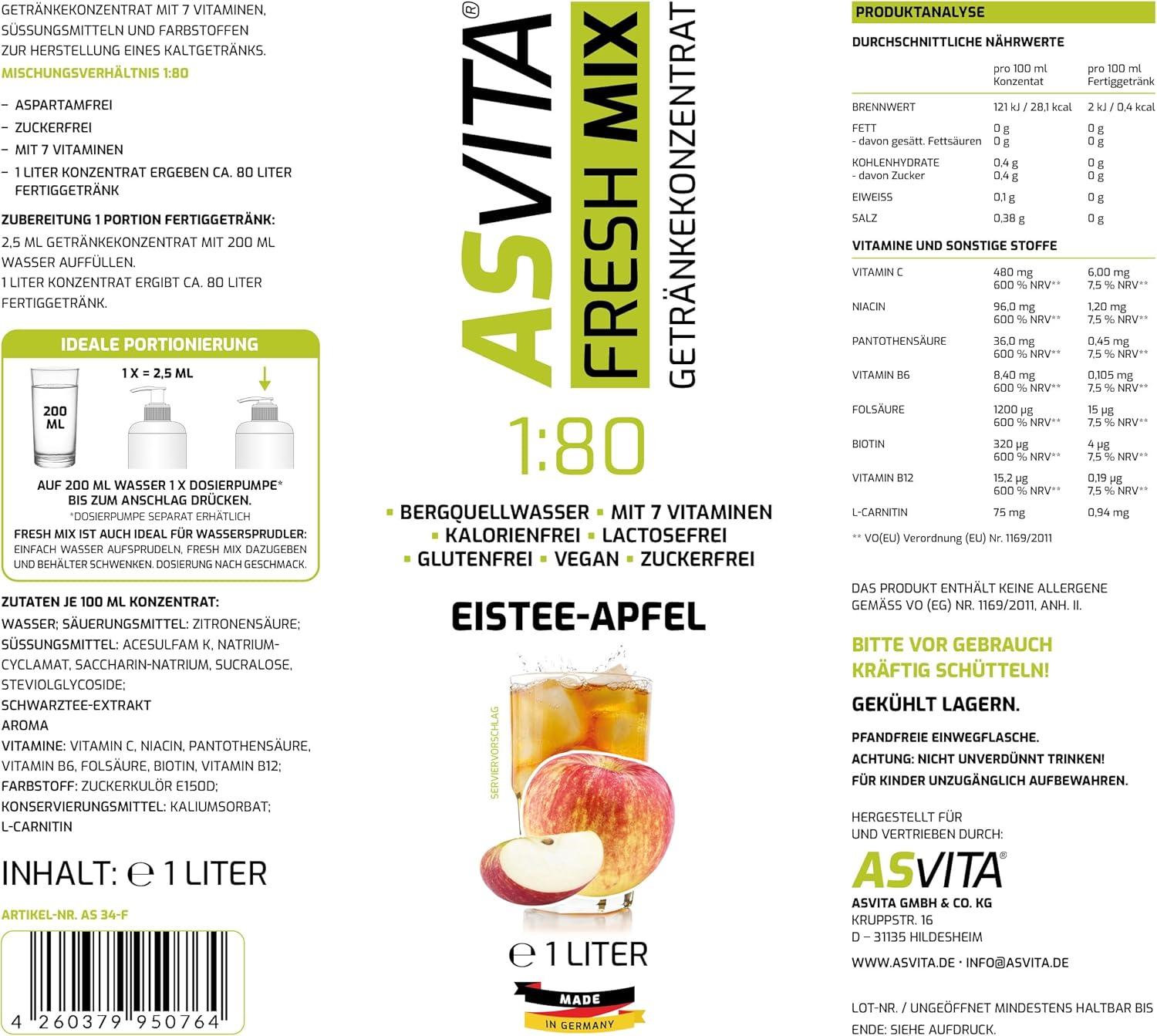 imageAsVita Sirop sans sucre ASVita Fresh Mix 180 Bouteille de 1 litre Sirop de boisson sans sucre 26 dlicieuses saveurs th glac et pommeTh glac pomme