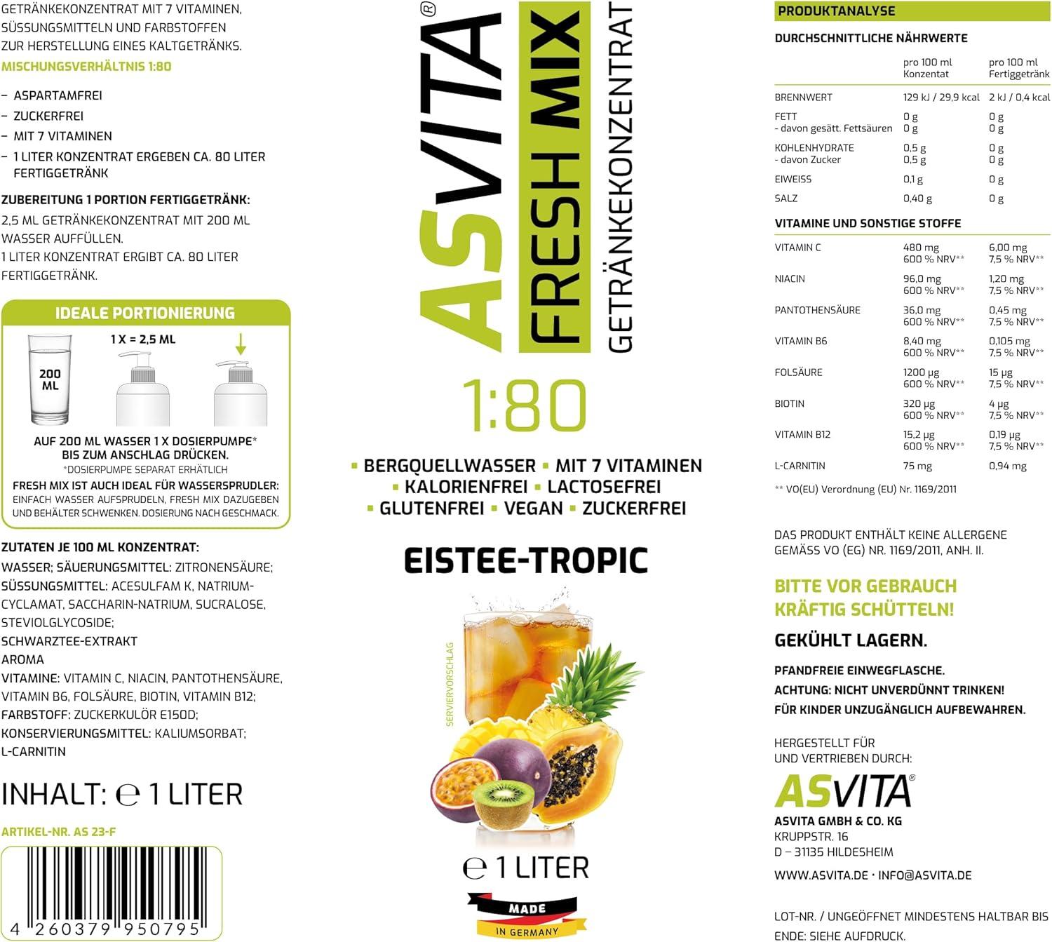 imageAsVita Sirop sans sucre ASVita Fresh Mix 180 Bouteille de 1 litre Sirop de boisson sans sucre 26 dlicieuses saveurs th glac et pommeTh glac tropical
