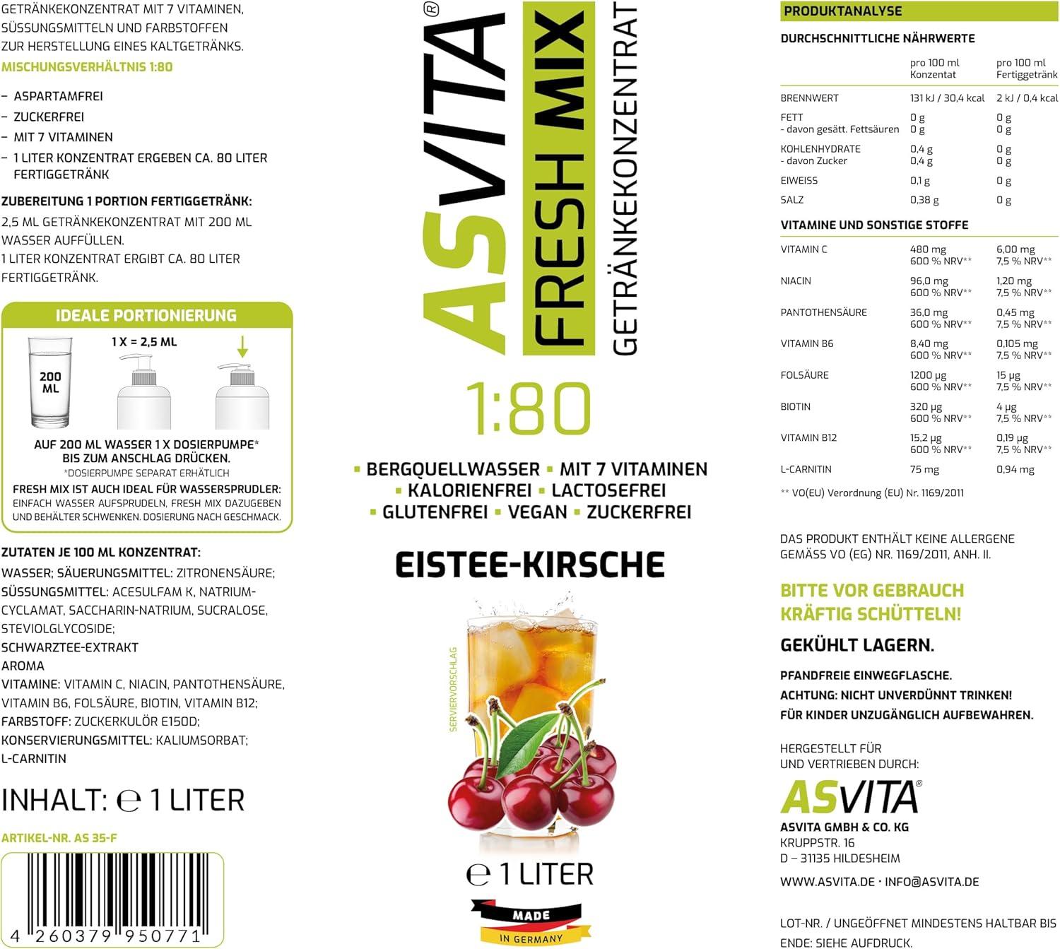 imageAsVita Sirop sans sucre ASVita Fresh Mix 180 Bouteille de 1 litre Sirop de boisson sans sucre 26 dlicieuses saveurs th glac et pommeth glac cerise