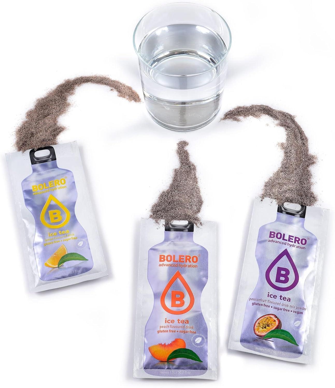imageBolero ICE TEA MIX 24x8g I boisson rafrachissante en poudre non alcoolise sans sucre la Stevia le choix des diabtiques Saveurs de th glac au citron la pche et aux fruits de la passion