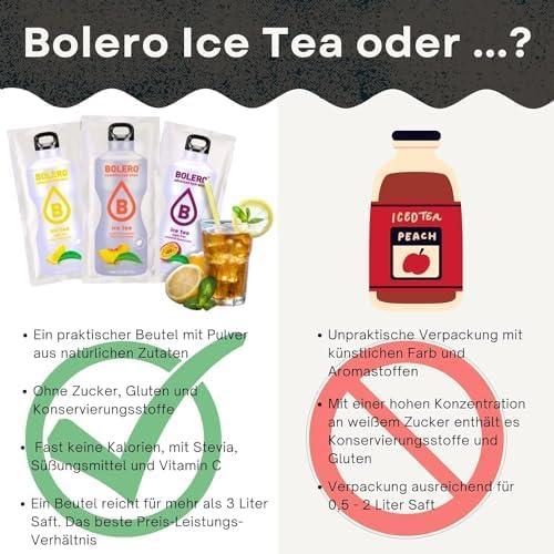 imageBolero ICE TEA MIX 24x8g I boisson rafrachissante en poudre non alcoolise sans sucre la Stevia le choix des diabtiques Saveurs de th glac au citron la pche et aux fruits de la passion