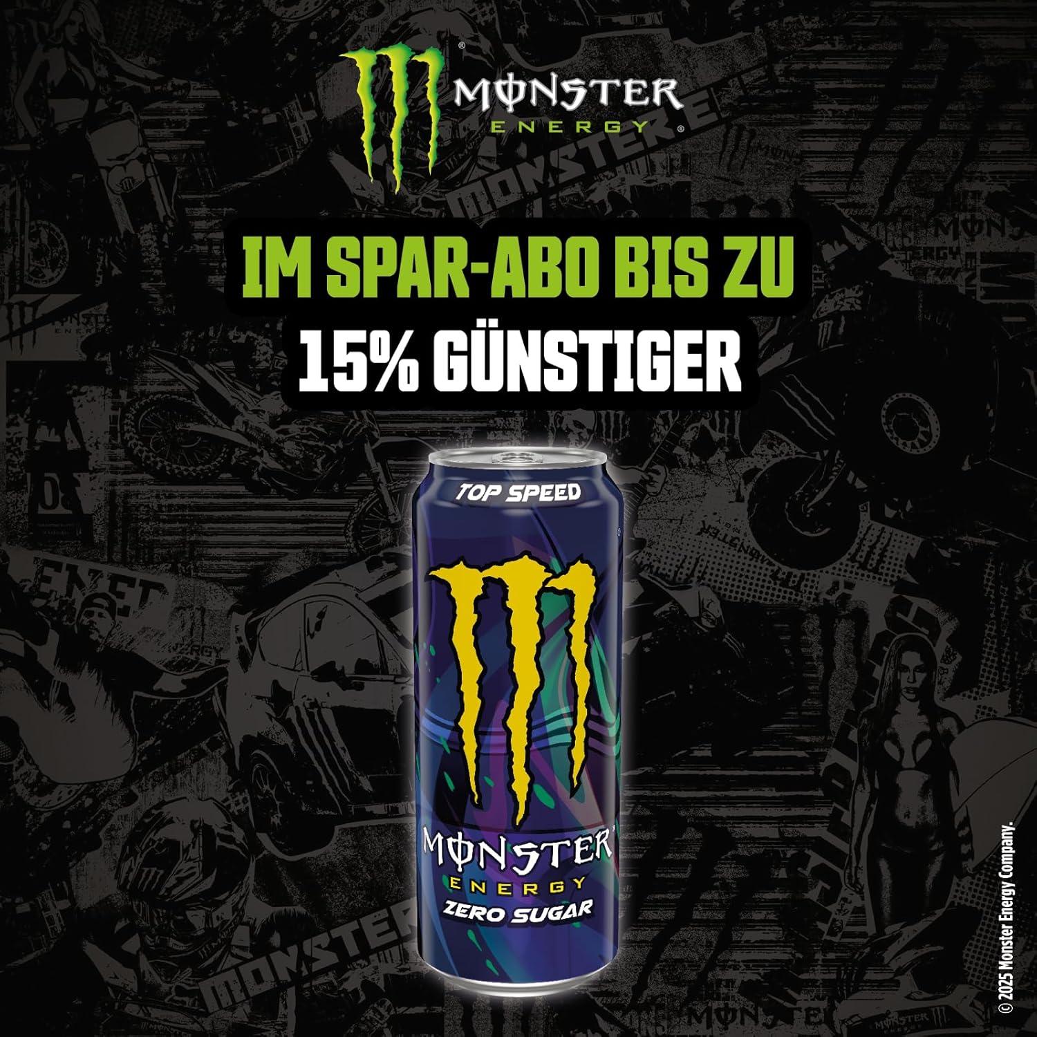 imageMonster Energy Top Speed Boisson nergisante contenant de la cafine au got rafrachissant de la pche et de nectarine Sans sucre et sans calories Dans des botes jetables pratiques 12 x 500