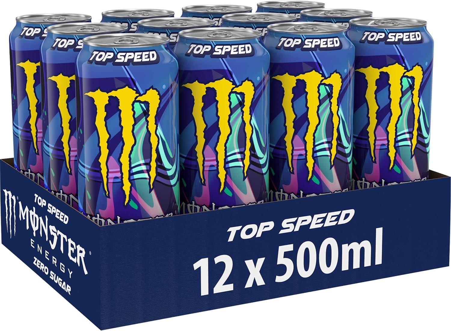 imageMonster Energy Top Speed Boisson nergisante contenant de la cafine au got rafrachissant de la pche et de nectarine Sans sucre et sans calories Dans des botes jetables pratiques 12 x 500