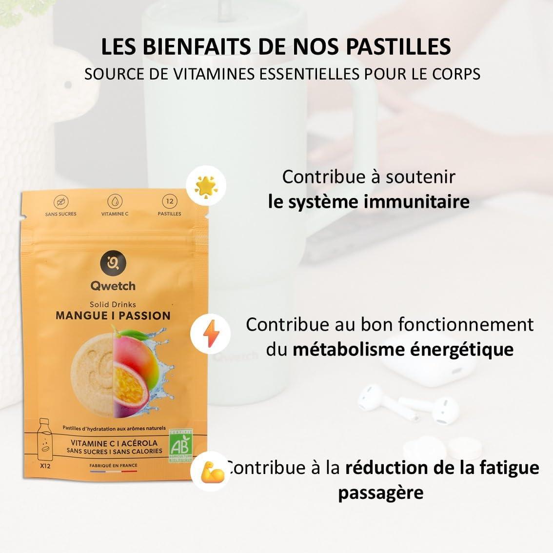 imageQwetch SOLID DRINKS BIO 12 Pastilles dhydratation avec Vitamine C Naturelle Boisson Sans Sucres Sans Calories Saveurs Mangue ampamp Passion Vegan Fabriqu en FranceMangue Passion