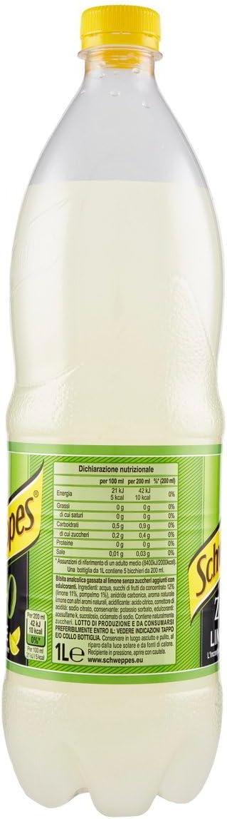 imageSchweppes Limone Zero Lot de 12 boissons gazeuses sans sucre ajout au citron 1000 ml