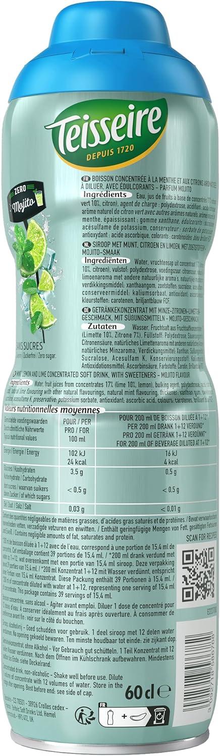 imageTeisseire Zro Sucre Sirop Saveur Mojito pour Cocktail et Cocktail sans Alcool Boisson rafrachissante Bidon 6x60cl