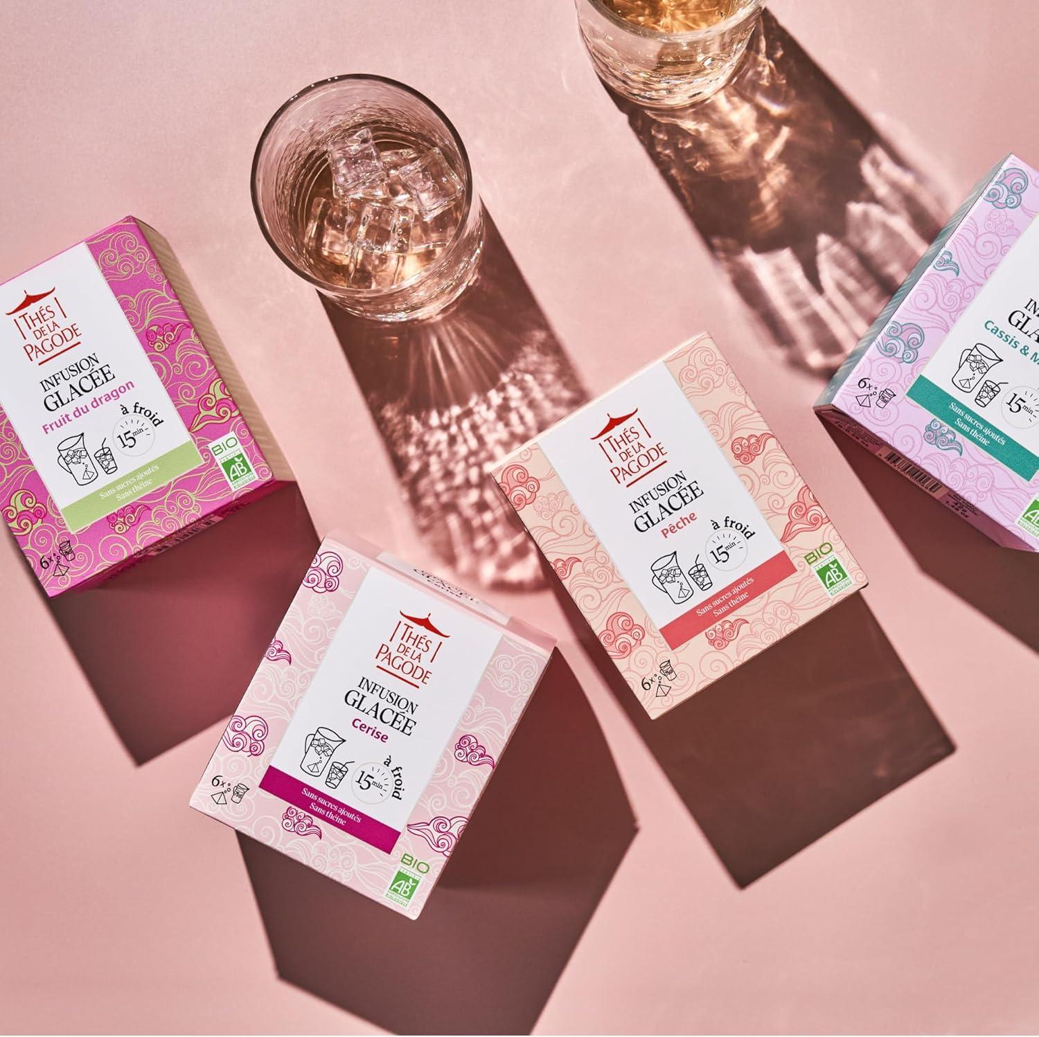 imageThs de La Pagode Infusion Glace Bio Pche Prparation Froid en 15mn Boisson Fruite sans Sucre Ajout ni Thine Agriculture Biologique 6 SachetsCerise