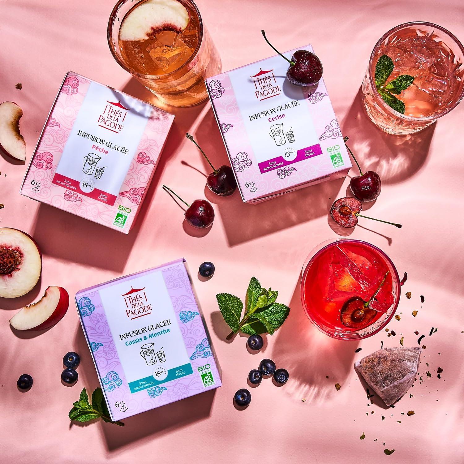 imageThs de La Pagode Infusion Glace Bio Pche Prparation Froid en 15mn Boisson Fruite sans Sucre Ajout ni Thine Agriculture Biologique 6 SachetsCerise