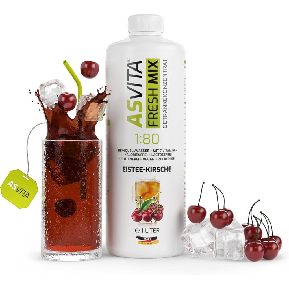 imageAsVita Sirop sans sucre ASVita Fresh Mix 180 Bouteille de 1 litre Sirop de boisson sans sucre 26 dlicieuses saveurs th glac et pommeth glac cerise