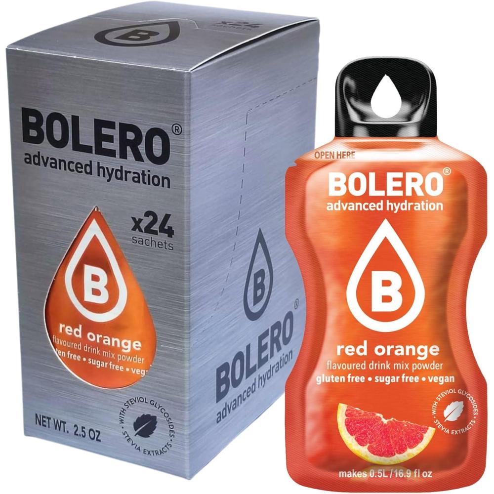 imageBolro RED ORANGE 24x3g Jus en poudre sans sucre dulcor la stvia vitamine C pour enfants et sportifs sans gluten vgtalien saveur orange rouge