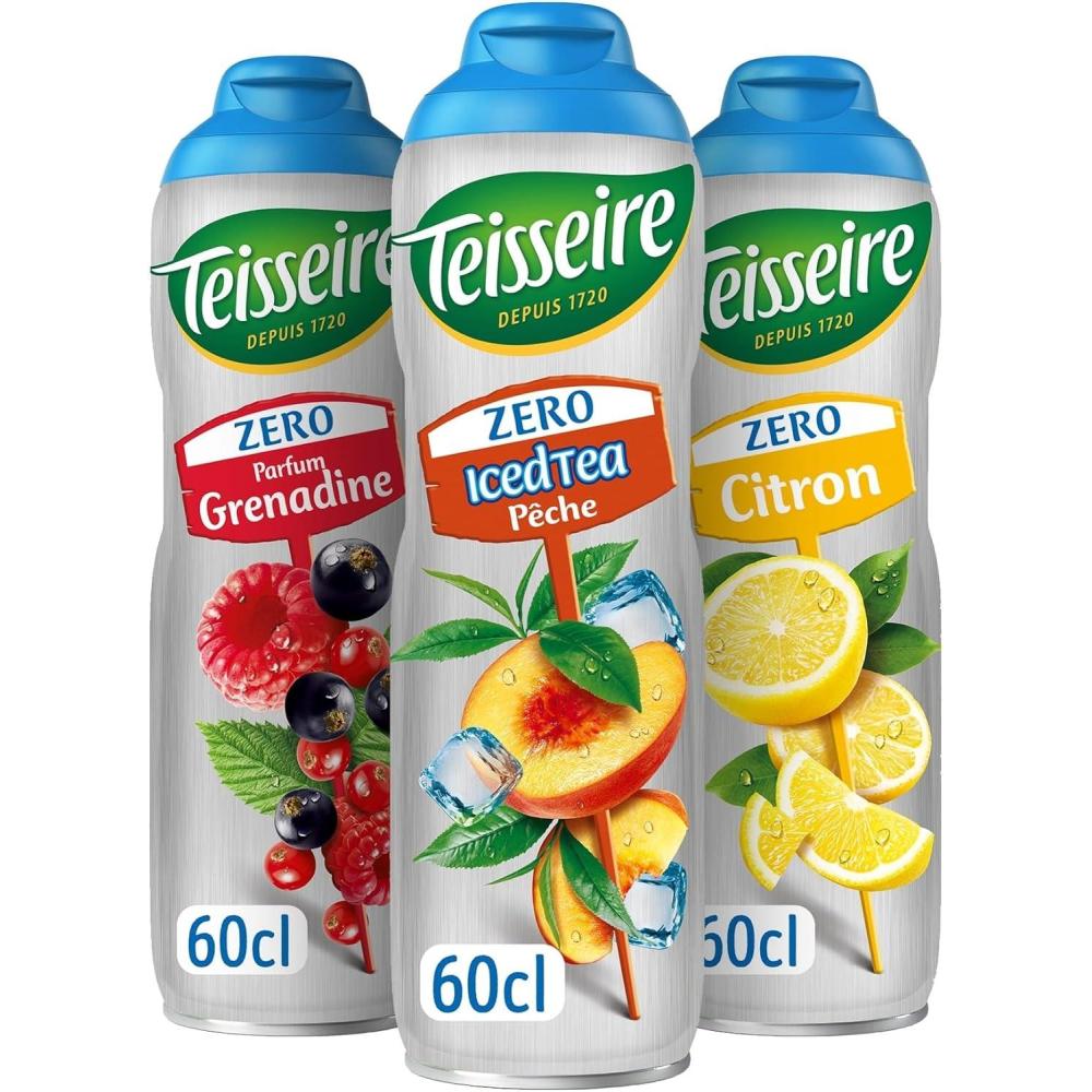 imageLot de 3 sirops Teisseire Zro Sucres Iced Tea Pche Grenadine Citron pour Boisson Rafrachissante Cocktails Bidon Recyclable 3x60cl