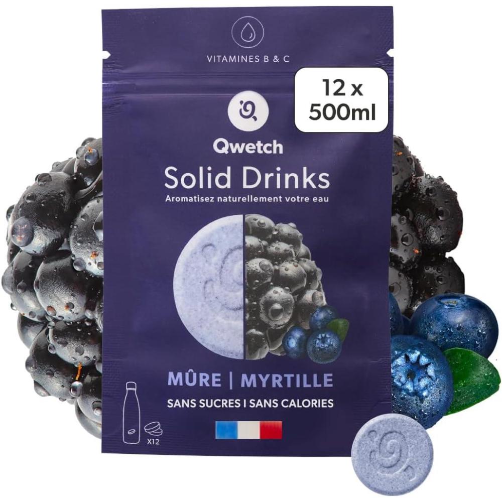 imageQwetch SOLID DRINKS 12 Pastilles dhydratation avec Vitamines C ampamp B Boisson Sans Sucres Saveurs Mre ampamp Myrtille Vegan Zro Calories Fabriqu en France
