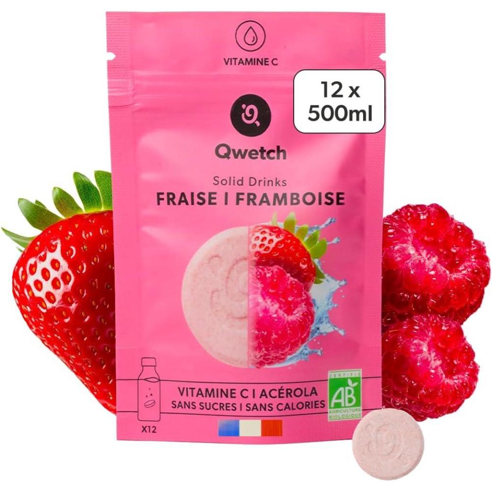 imageQwetch SOLID DRINKS BIO 12 Pastilles dhydratation avec Vitamine C Naturelle Boisson Sans Sucres Sans Calories Saveurs Mangue ampamp Passion Vegan Fabriqu en FranceFraise Framboise