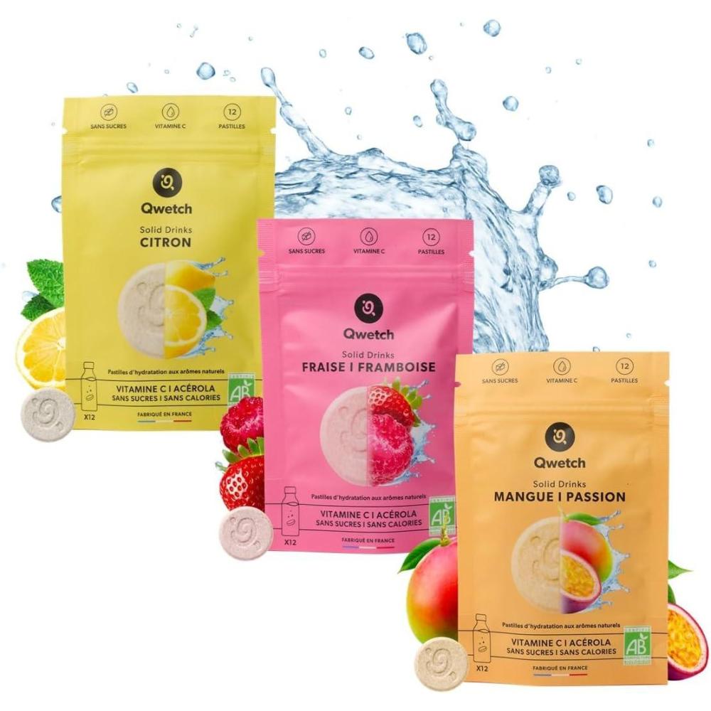 imageQwetch SOLID DRINKS BIO  12 Pastilles dhydratation avec Vitamine C Naturelle  Boisson Sans Sucres Sans Calories  Saveurs Mangue ampamp Passion  Vegan Fabriqu en FranceCoffret Bio