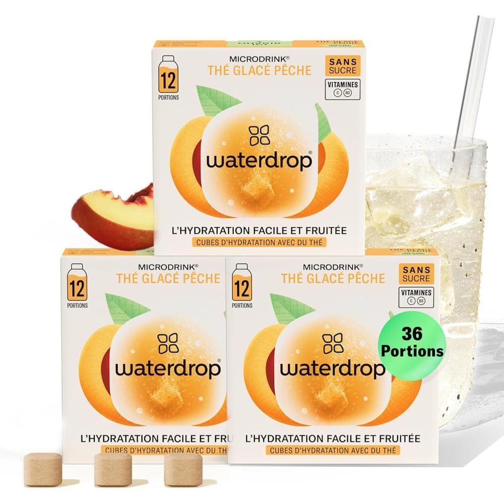 imagewaterdrop Th Glac Citron 36 cubes dIce Tea Sans Sucre Saveur Th Vert Citron Pastilles deau aromatises pour boissons Extraits naturels de fruits et de plantes Enrichi en vitaminesPche