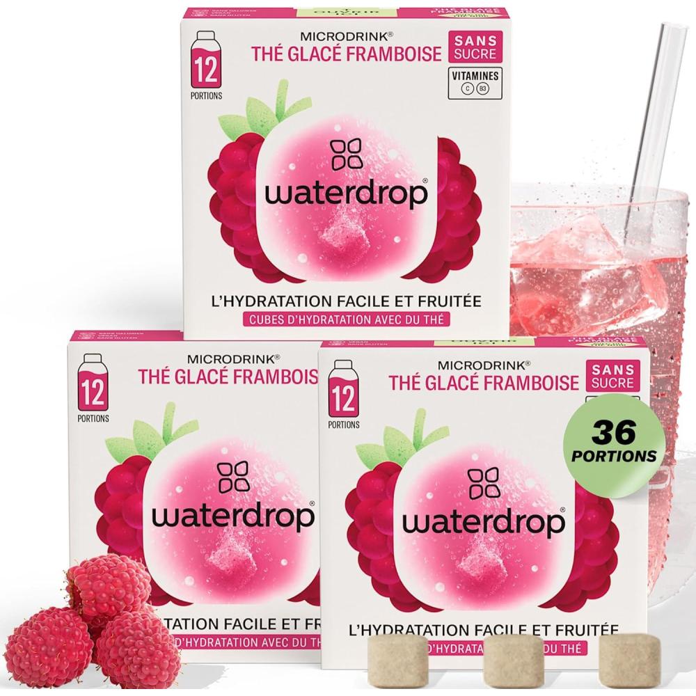 imagewaterdrop Th Glac Citron 36 cubes dIce Tea Sans Sucre Saveur Th Vert Citron Pastilles deau aromatises pour boissons Extraits naturels de fruits et de plantes Enrichi en vitamines3x Th Glac Framboise
