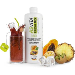 AsVita Sirop sans sucre – ASVita Fresh Mix 1:80 – Bouteille de 1 litre – Sirop de boisson sans sucre – 26 délicieuses saveurs (thé glacé et pomme)(Thé glacé tropical)