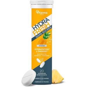 HydraFresh – Pastilles hydratation Effervescentes – Magnésium, Électrolytes, Calcium, Vitamines C et B – Complément alimentaire énergie saveur Ananas – Sans Sucres – Fabriqué en France(Jaune)