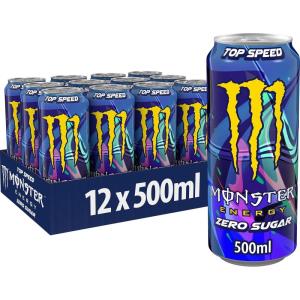 Monster Energy Top Speed – Boisson énergisante contenant de la caféine au goût rafraîchissant de la pêche et de nectarine – Sans sucre et sans calories – Dans des boîtes jetables pratiques (12 x 500