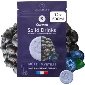 Qwetch SOLID DRINKS – 12 Pastilles d&rsquo;hydratation avec Vitamines C & B – Boisson Sans Sucres – Saveurs Mûre & Myrtille – Vegan, Zéro Calories, Fabriqué en France