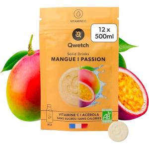 Qwetch SOLID DRINKS BIO – 12 Pastilles d&rsquo;hydratation avec Vitamine C Naturelle – Boisson Sans Sucres, Sans Calories – Saveurs Mangue & Passion – Vegan, Fabriqué en France(Mangue & Passion)