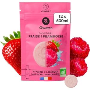 Qwetch SOLID DRINKS BIO – 12 Pastilles d&rsquo;hydratation avec Vitamine C Naturelle – Boisson Sans Sucres, Sans Calories – Saveurs Mangue & Passion – Vegan, Fabriqué en France(Fraise & Framboise)