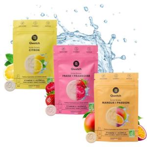 Qwetch SOLID DRINKS BIO – 12 Pastilles d&rsquo;hydratation avec Vitamine C Naturelle – Boisson Sans Sucres, Sans Calories – Saveurs Mangue & Passion – Vegan, Fabriqué en France(Coffret Bio)
