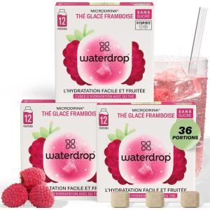 waterdrop® Thé Glacé Citron, 36 cubes d&rsquo;Ice Tea Sans Sucre, Saveur Thé Vert + Citron, Pastilles d&rsquo;eau aromatisées pour boissons, Extraits naturels de fruits et de plantes, Enrichi en vitamines(3x Thé Glacé Framboise)