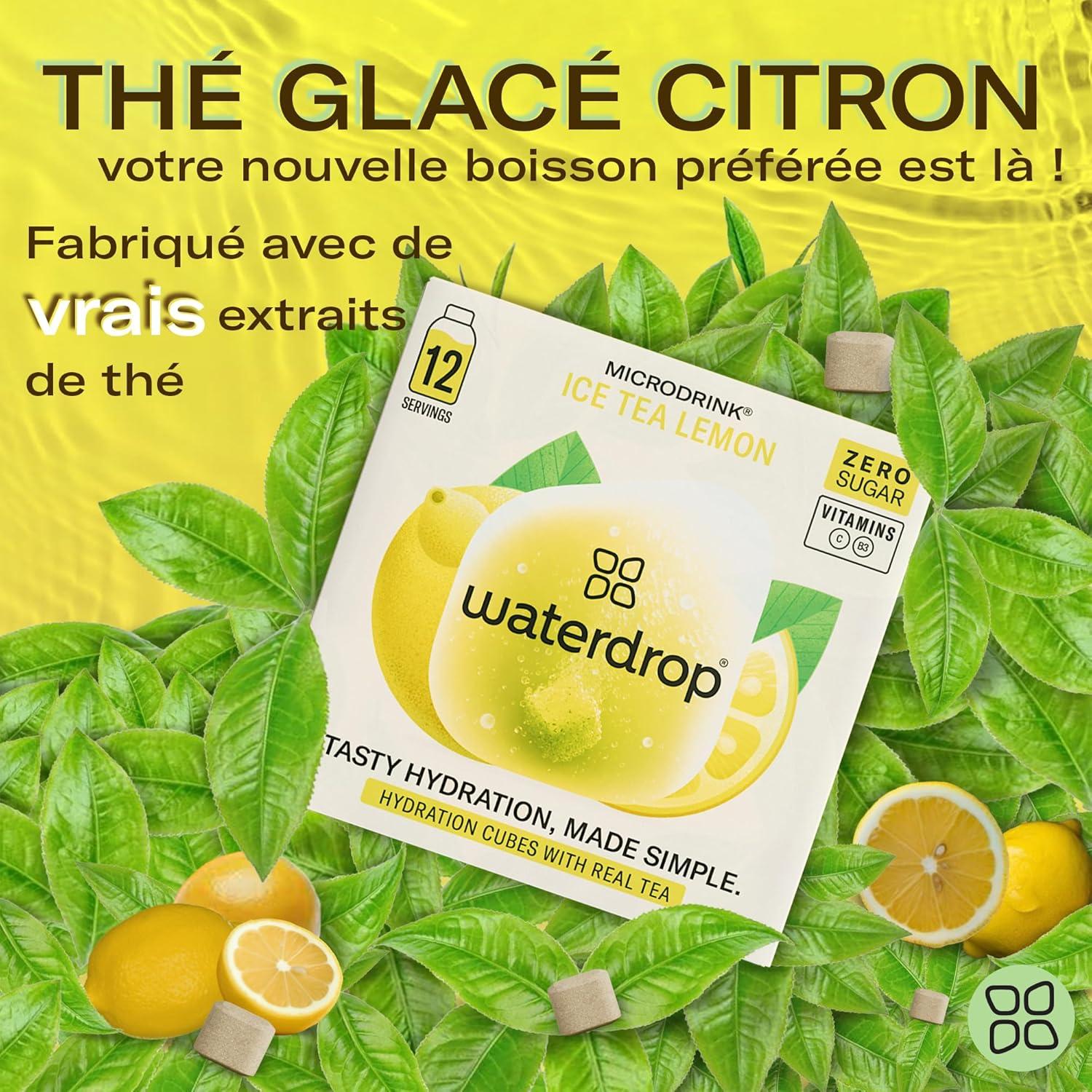 imagewaterdrop Th Glac Citron 36 cubes dIce Tea Sans Sucre Saveur Th Vert Citron Pastilles deau aromatises pour boissons Extraits naturels de fruits et de plantes Enrichi en vitamines3x Th Glac Citron