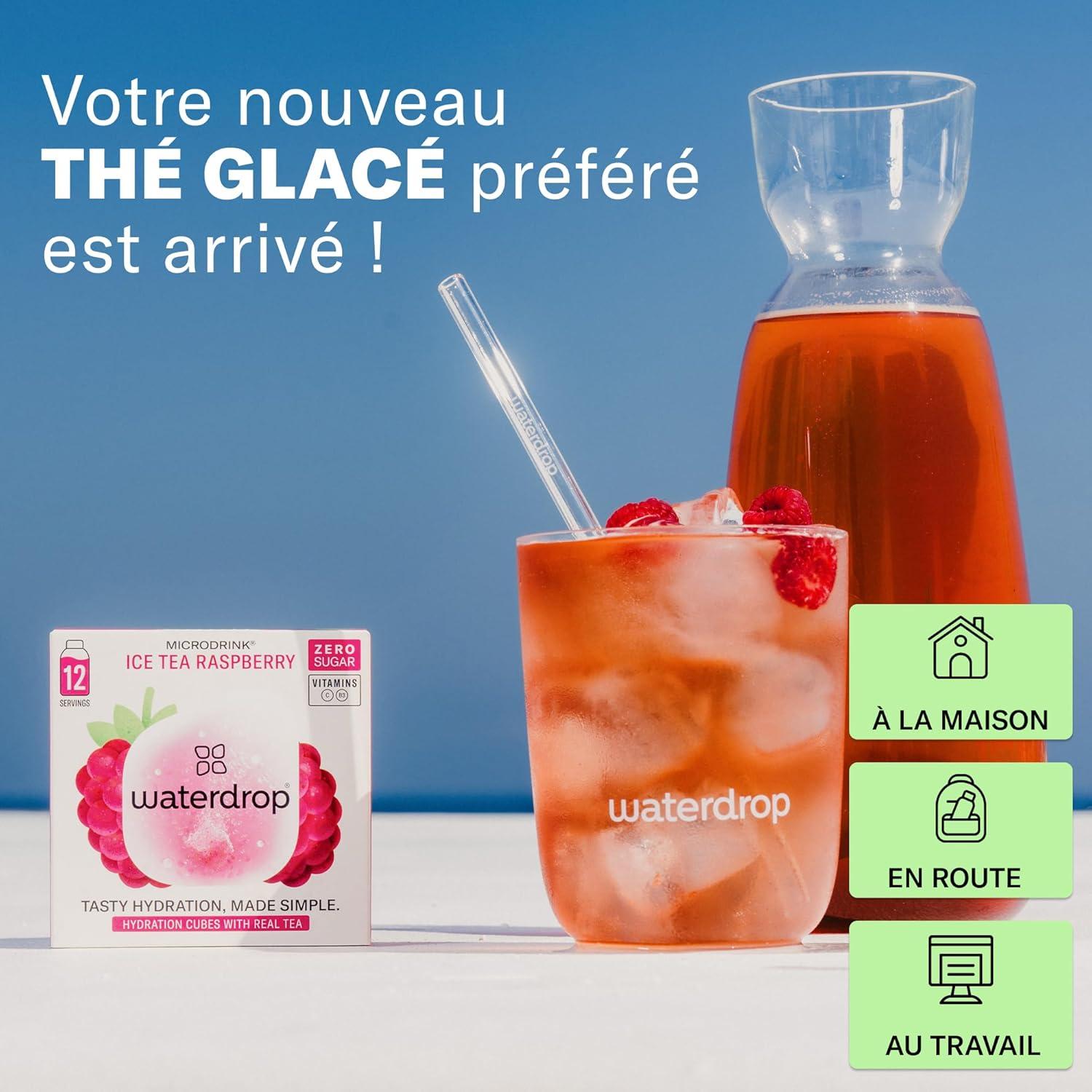 imagewaterdrop Th Glac Citron 36 cubes dIce Tea Sans Sucre Saveur Th Vert Citron Pastilles deau aromatises pour boissons Extraits naturels de fruits et de plantes Enrichi en vitamines3x Th Glac Framboise