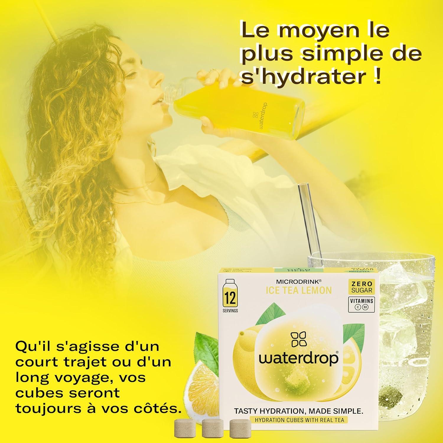imagewaterdrop Th Glac Citron 36 cubes dIce Tea Sans Sucre Saveur Th Vert Citron Pastilles deau aromatises pour boissons Extraits naturels de fruits et de plantes Enrichi en vitamines3x Th Glac Citron