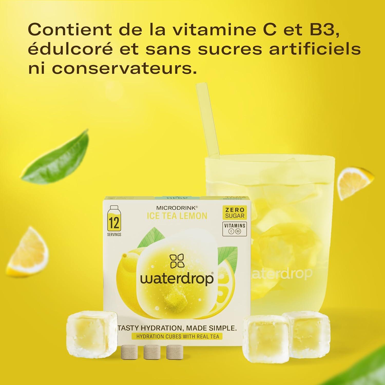 imagewaterdrop Th Glac Citron 36 cubes dIce Tea Sans Sucre Saveur Th Vert Citron Pastilles deau aromatises pour boissons Extraits naturels de fruits et de plantes Enrichi en vitamines3x Th Glac Citron