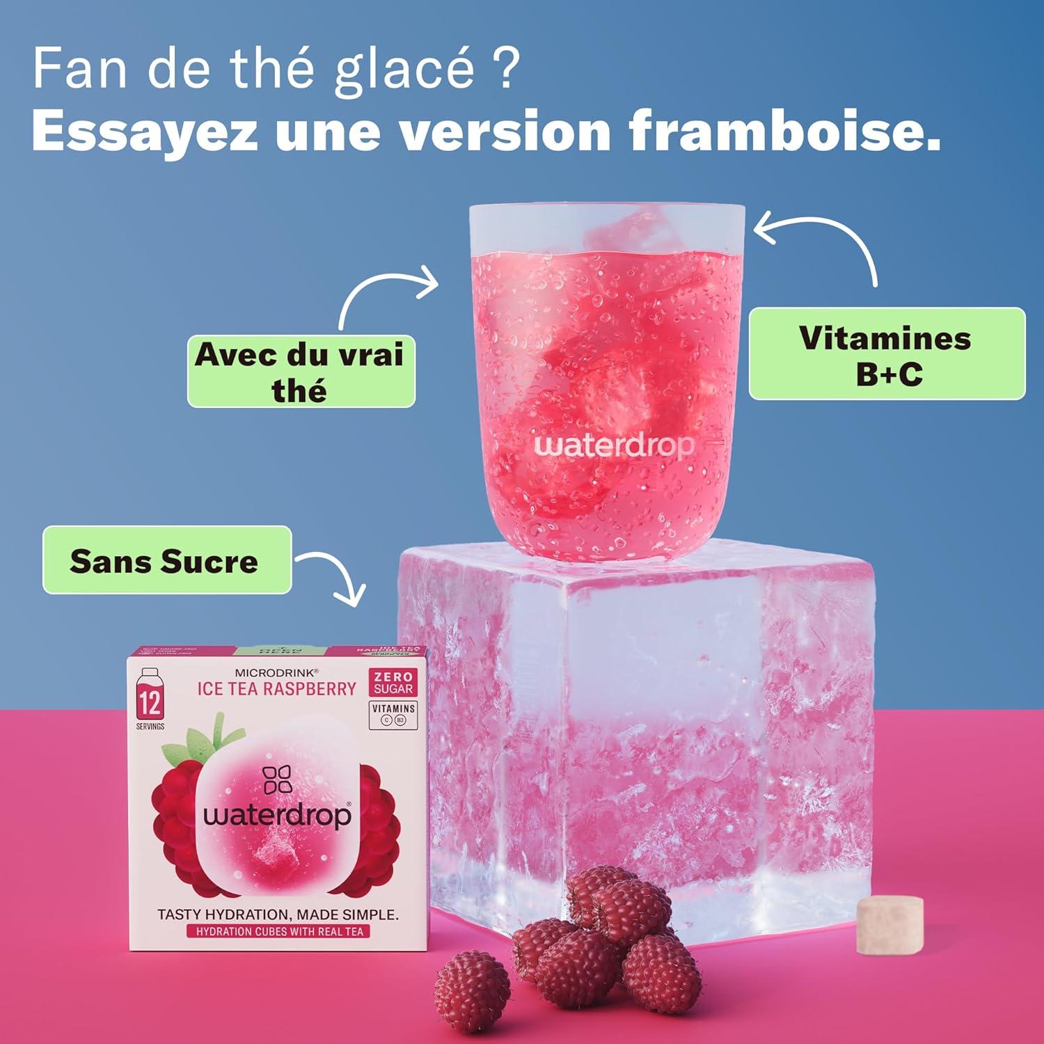 imagewaterdrop Th Glac Citron 36 cubes dIce Tea Sans Sucre Saveur Th Vert Citron Pastilles deau aromatises pour boissons Extraits naturels de fruits et de plantes Enrichi en vitamines3x Th Glac Framboise
