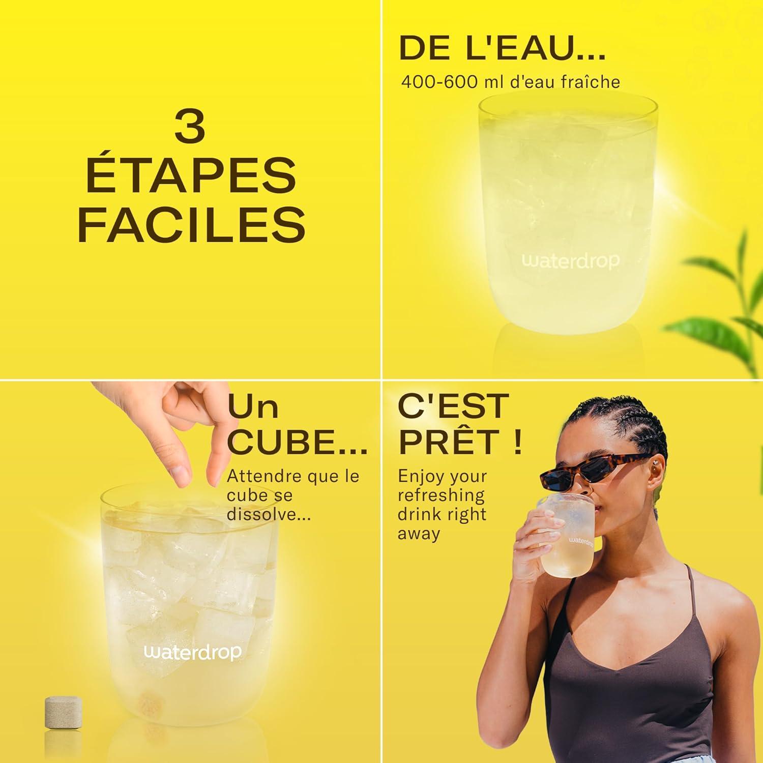 imagewaterdrop Th Glac Citron 36 cubes dIce Tea Sans Sucre Saveur Th Vert Citron Pastilles deau aromatises pour boissons Extraits naturels de fruits et de plantes Enrichi en vitamines3x Th Glac Citron