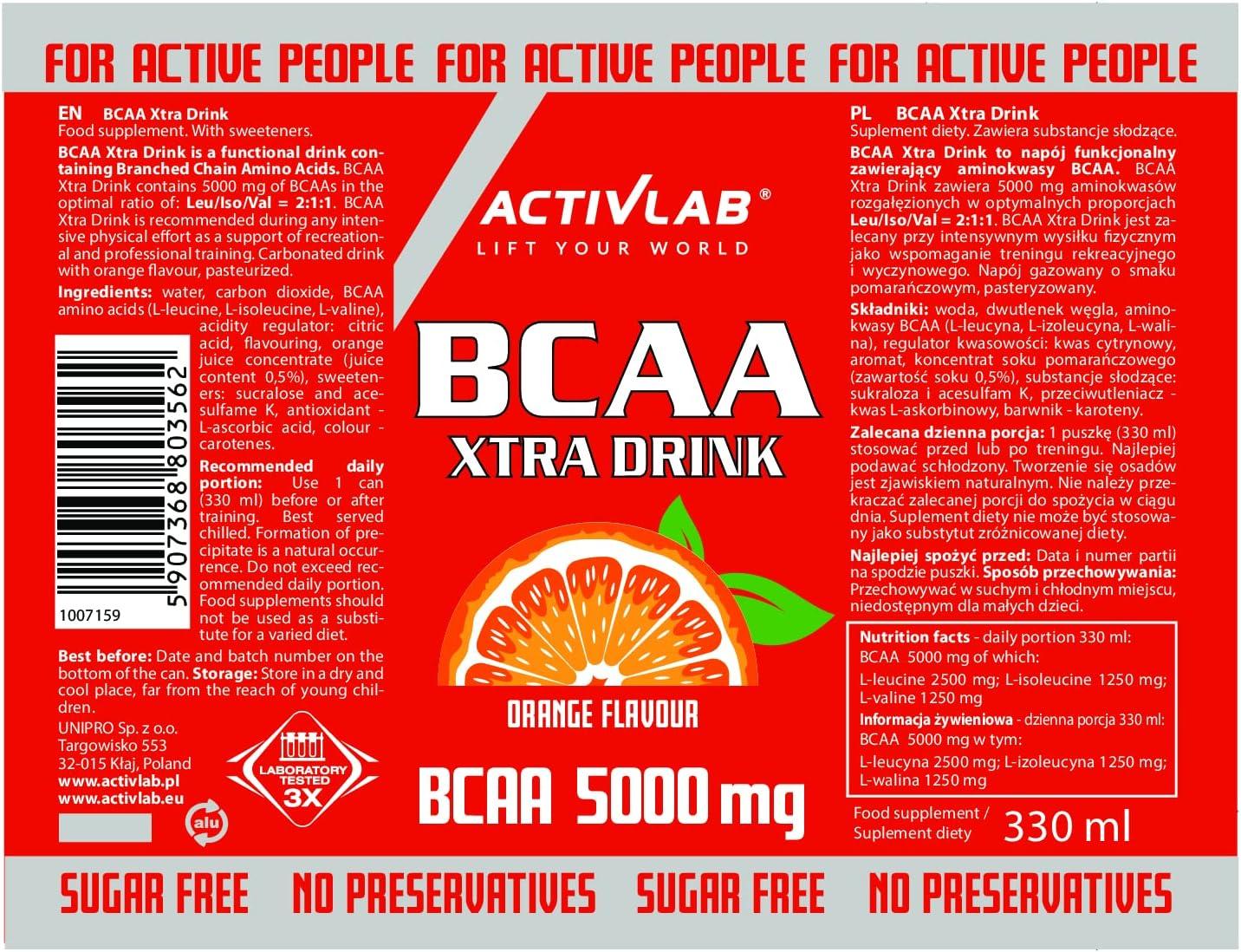 imageActivlab BCAA Xtra Drink bote 330 ml acides amins Lot de 24 botes de 330 ml 5000 mg de BCAA dans 1 bote sans sucre got orange rgnration du corps et endurance