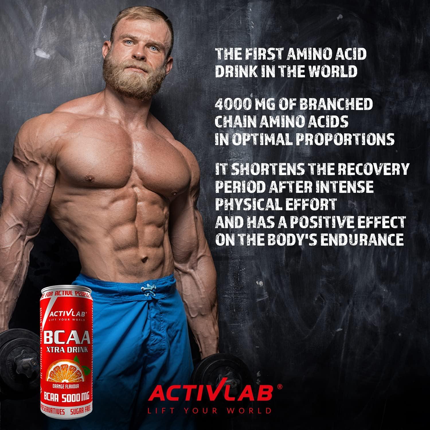 imageActivlab BCAA Xtra Drink bote 330 ml acides amins Lot de 24 botes de 330 ml 5000 mg de BCAA dans 1 bote sans sucre got orange rgnration du corps et endurance